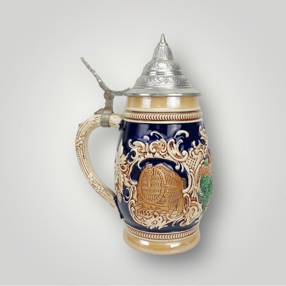 Vintage Marzi Remy Lidded Beer Stein Heidelberg Perkeo Fass Germany 8" Tall​